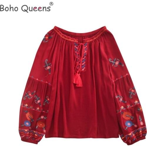 Boho Queens happie women bohemian Tassel beach floral embroidery linen cotton blouse flare sleeve loose Boho shirts blusa