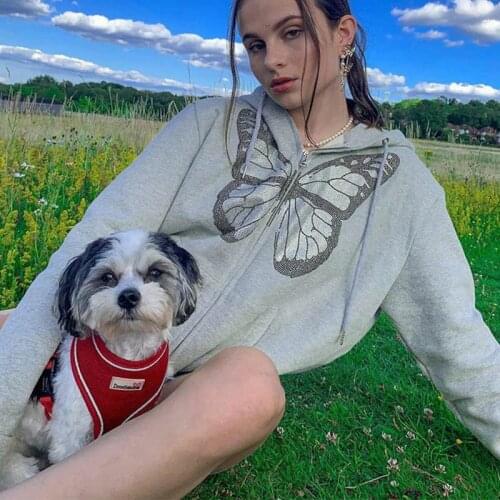 Y2K Oversized Hoodie Women Sweatshirts Butterfly Graphic Zip Up Hoodies E-girl 90s Streetwear Long Sleeve Top Autumn Long Jacket