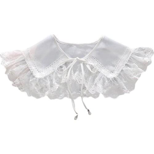 Womens White Ruffled Floral Lace Trim Fake Collar Shawl Sweet Lolita Bowknot Short Poncho Capelet Sheer Mesh Necklace