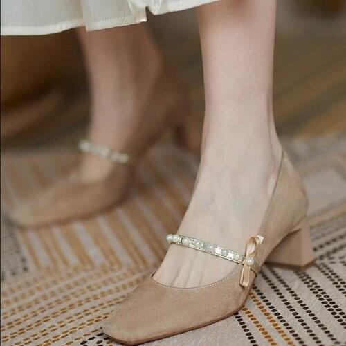 LLOGAI Microfiber Leather Women High Heels Mary Janes Pearls Shoes Retro Style Jokers Square Toe Female Footware Black Apricot