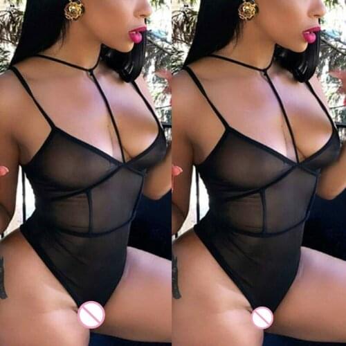 Womens Jumpsuit Sexy Transparent Female Bodysuit Bondage Mesh Lingeries Erotic Backless Bodycon Black Nylon Breast Exposing Sexi