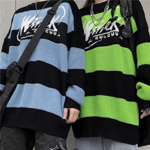 Oversize Sweater Women Stripe Pullover Casual Loose Long Sleeve Knitted Sweaters Female Vintage Letter Tops Hip Hop Streetwear