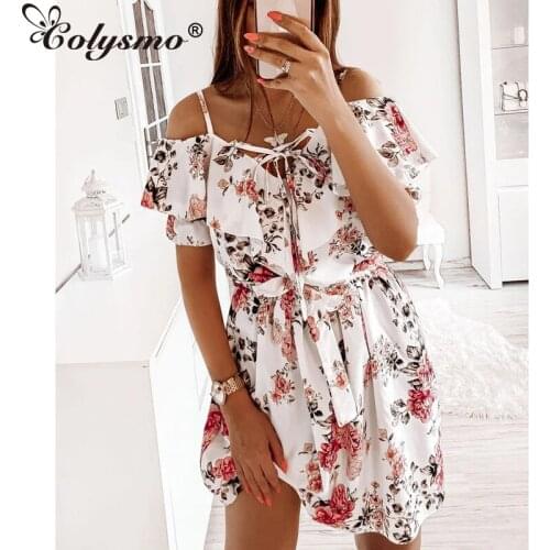Colysmo Floral Ruffle Dress with Belt Spaghetti Strap V Neck Tie up Cut out Short Sleeve Mini Dress Summer Dress for Women 2021