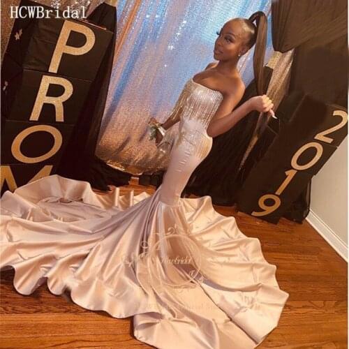 Long Train Sexy Pink Champagne Mermaid African Evening Dress Strapless Glitter Tassel Satin Black Girls Graduation Prom Gowns