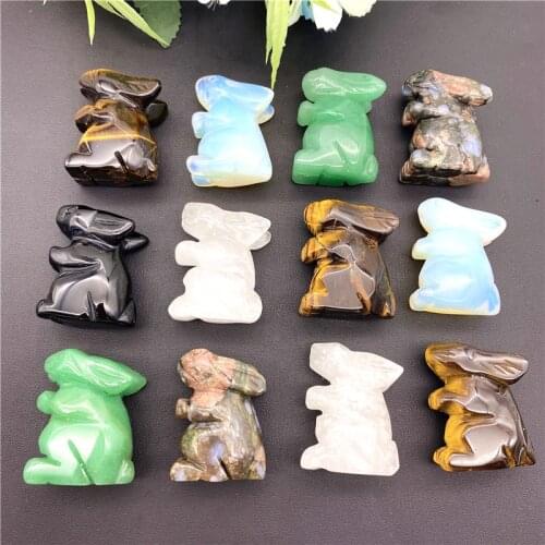1PC Natural Stone Crystal Carved Stand Rabbit Tiger Eye Aventurine Opal Obsidian Reiki Rabbit Animals Statues Home Decoration