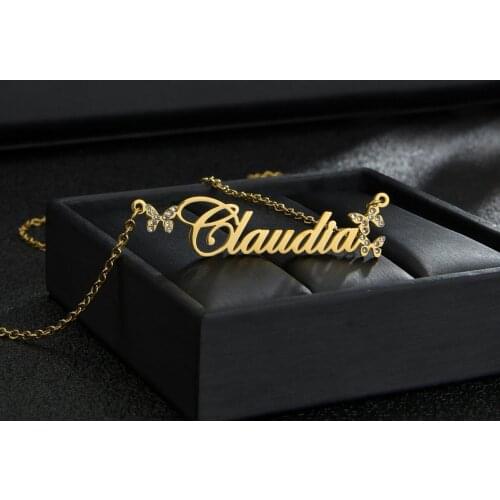 Acheerup Customized Name Butterfly Crystal Necklace For Women Pendant Personalized Letter Stainless Steel Nameplate Jewelry Gift