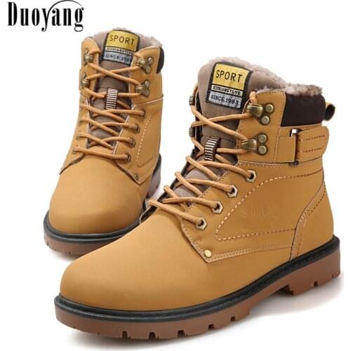 Lace Up Square Heels Winter Boots Men Casual Shoes Autumn Leather Waterproof Work Warm Plush Platform Ankle Boot Male Snow Botas