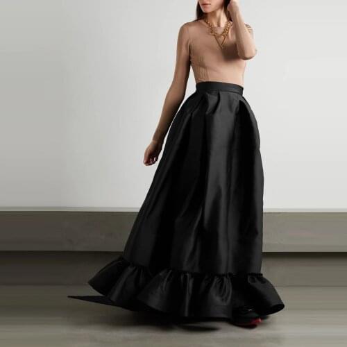 Black Long Satin Maxi Skirt For Women Back Big Bow Sash Skirt Plus Size Gowns High Waist Skirts Causal Autuam Winter Wear