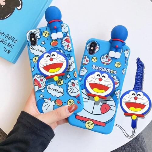 For Huawei P20 30 40 lite Pro Y6 Y7 Y9 Case Blue Doraemon TPU Case Ring Soft Phone Strap Rope Case