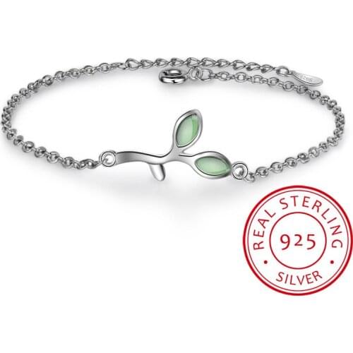 Hot Sale Opal Green Leaf Bracelet For Women Girl 925 Sterling Silver Bracelet pulseira S-B188