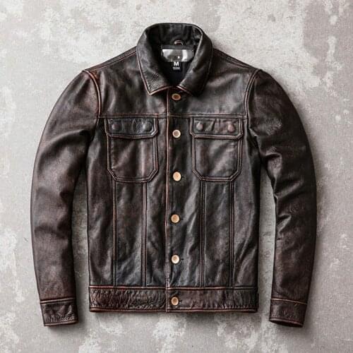 2021 Autumn Winter Retro Men Real Cowhide Jackets Male Natural Cow Leather Coats Mens Plus Size Short Slim Casual Overcoat W610