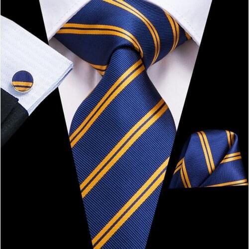 C-3136 Men Tie Blue Silk Woven Necktie New Striped Solid Hanky Cufflinks Set Classic Business Wedding Pocket Square Tie 8.5cm