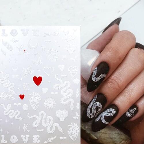 1 Sheet 3D Black White Snake Nail Art Sticker Leaves Heart Transfer Paper Slider For Nail DIY Adhesive Decal Manicure 2020 New