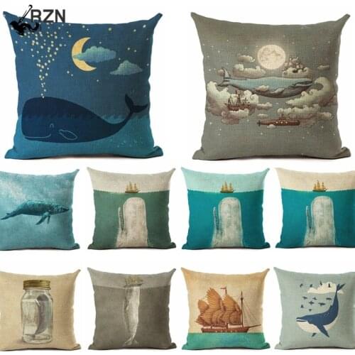 Nordic Style Cotton Linen Cushion Cover Ocean Whales Home Pillow Case 45x45cm Pillows Covers Home Decor