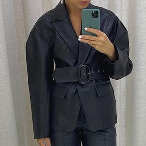 Trendy Casual Notched Tie Belt Waist Blazers Women Vogue Solid PU Leather Jackets Women Elegant Long Sleeve Suits Female Ladies