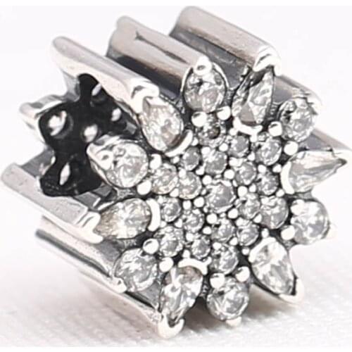 Authentic S925 Sterling Silver DIY Jewelry Snowflake Charm fit Pan Bracelet Bangle Girl Gift Bead Charm Pave Clear CZ