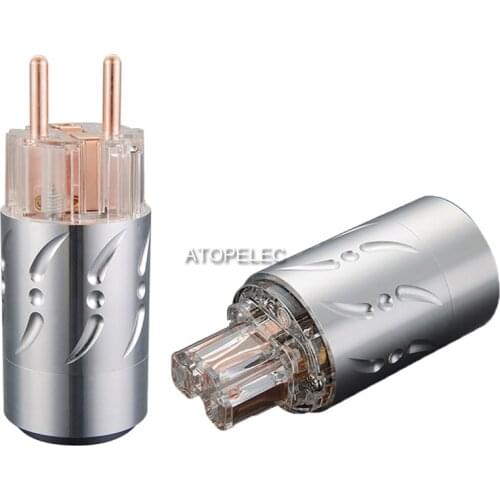 VIBORG Clear Aluminum Shell 99.998% Pure Red Copper Schuko EU Male Plug / IEC Female Connector for HiFi Audio Power Cable 512