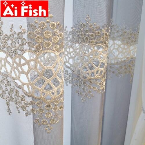 Luxury Gray Hollow Out Embroidery Tulle Curtains for Living Room White Flowers Lace Bottom Window Drapes for Bedroom MY489#30