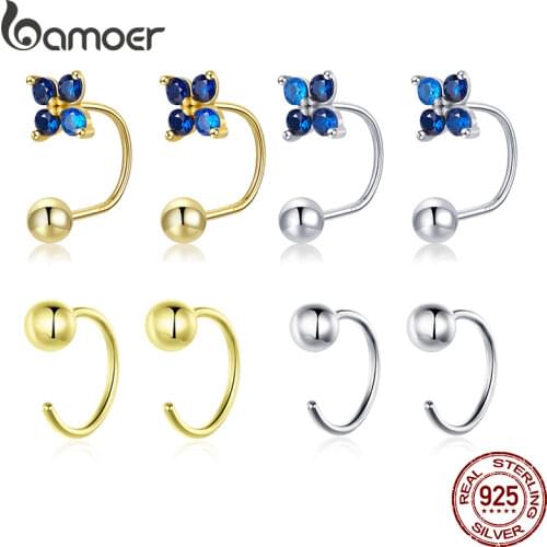 BAMOER Authentic Lucky Clover Blue Crystal Stud Earrings Four Leaf Clover Earrings Hoops for Women Engagement Jewelry SCE1177