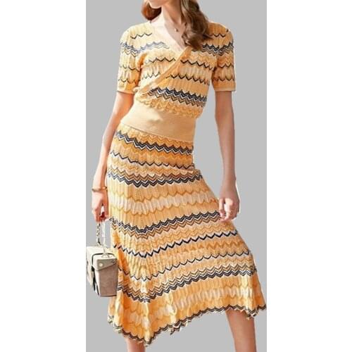 SMTHMA 2021 New Fashion Summer Womens Knit Tops +Two-Piece Bohemian Stripes Sweater And Long Skirt Sets