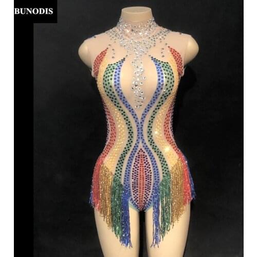 ZD275 Women Sexy Net Yarn Bodysuit Full Of Colors Sparkling Crystals Costumes Fashion Show Nightclub Party Birthday Dancer Wear