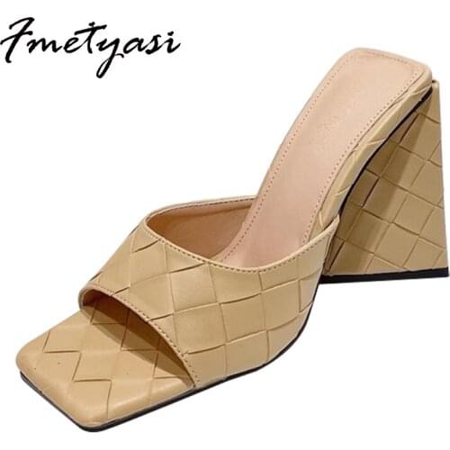 Woman Pumps Square Toe Strange Heels Mules Ladies Slip On Party Nightclub Shoes Weave Peep Toe Height Increasing Block Heels