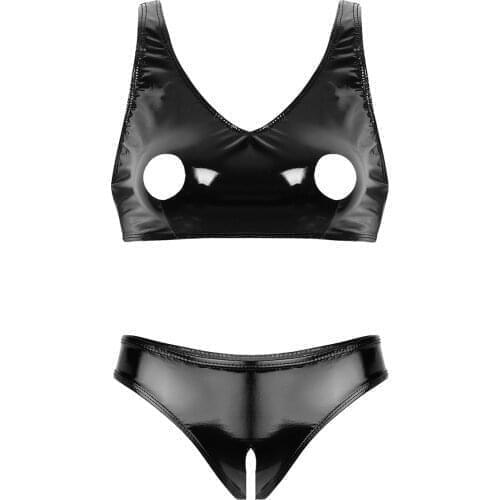 Womens Patent Leather Sexy Lingerie Set Open Cups Bare Nipples Bra Top with Crotchless Mini Briefs Erotic Underwear Nightwear