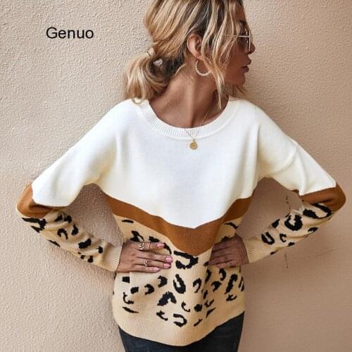 Leopard Women Sweater Autumn Winter Ladies O-Neck Full Sleeve Casual Jumper Knitted Female Oversize Pullovers
