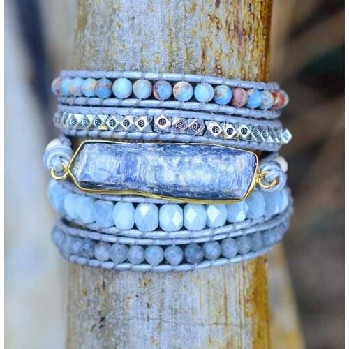 Energy Chakra Row Blue Topaz Wrist Handmade Vintage Jasper Bracelet Wrap Bracelet for Women Leather Bracelet Dropshippnig