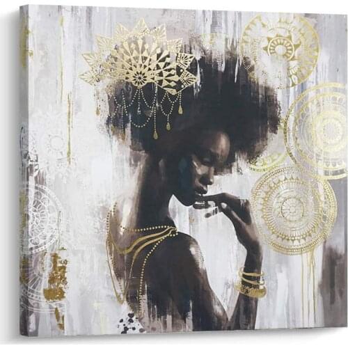 African American Canvas Wall Art, Gold and Black Women Oil Painting