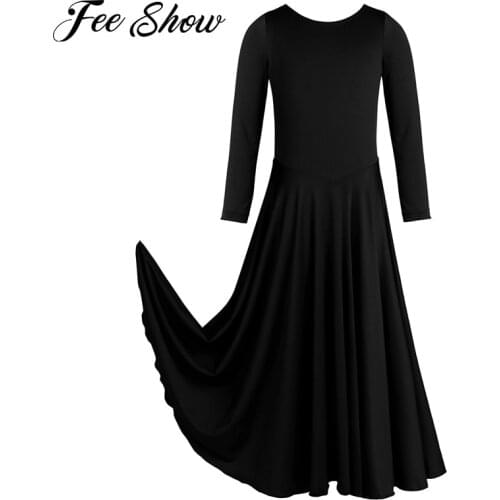 Girls Long Sleeves Ballet Dress Ballerina Performance Dancewear Round Neckline Ankle Length Classic Loose Fit Ballet Dance Dress