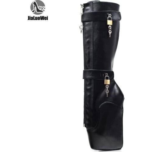 Knee-High 18CM High Heel Ballet Boots Lockable YKK Zipper Strange Wedge Heelless Boots With Locks