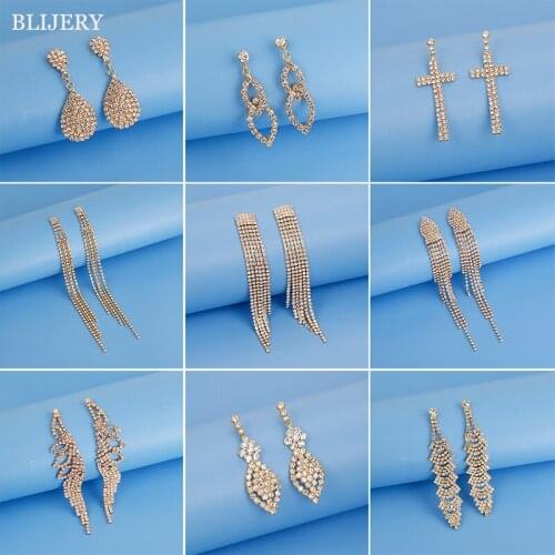 BLIJERY Fashion Rhinestone Crystal Bridal Long Tassel Drop Earrings Gold Color Wedding Dangle Earrings For Women Jewelry Gifts