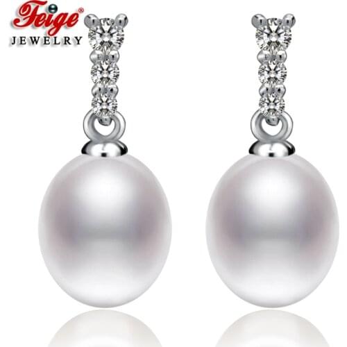 Classic Design 925 Sterling Silver Zircon White Ellipse Freshwater Pearls Stud Earrings for Women Pearl Jewelry Gifts FEIGE