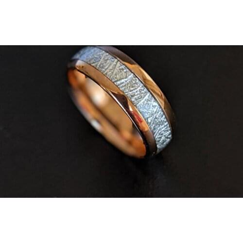 Fashion 8mm Mens Stainless Steel Ring Vintage Silvery Meteorite Inlaid Rose Gold Polished Ring Mens Wedding Band Size 6-13