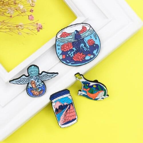 Glass bottle creative Badge Bulb wings Drifting bottle fish tank Lapel Pin sea wave crystal whale flower mountain tree Brooches