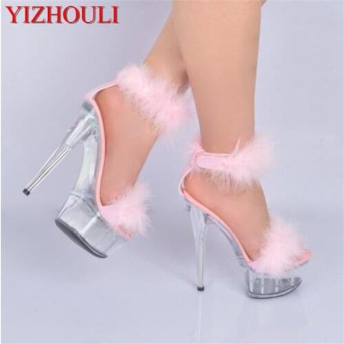 The fun rabbit hair crystal 15cm cask wedding photo shoes, European and American ultra high heel sex Dance Shoes
