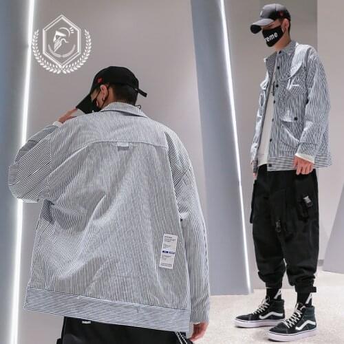 Men Fashion Loose Stripe Print Safari Style Jacket Casual Pockets Patchwork Hip Hop Coat