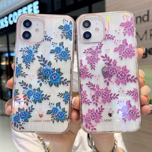 Hot Sexy Rose flower Laser aurora 2 in 1 silicon soft phone Case On for apple iphone 12 Pro 7 8 plus 11 X XS XR MAX SE 2 Cover