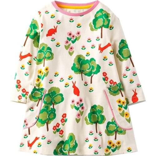 Little Maven Spring Autumn New Children Long-Sleeved O-neck Trees Floral Animal Rabbits Knitted Soft Cotton Girls Casual Dresses