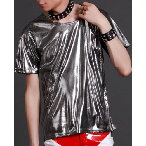 Silver gold fashion punk slim sexy shirt men short sleeve man teenage korean shirt mens personality stage singer dance