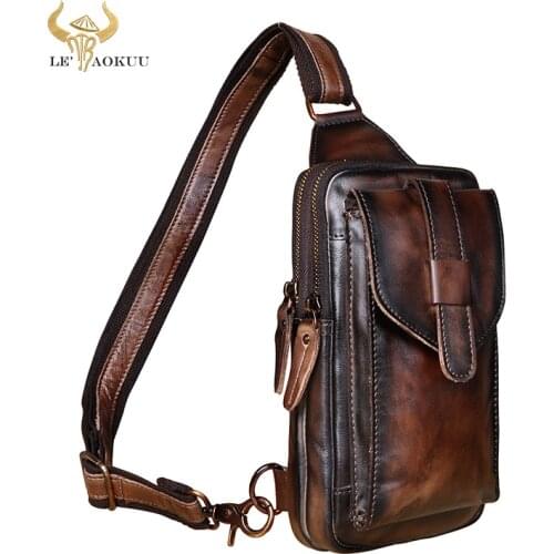 Men Original Real Leather Casual Fashion Coffee Triangle Chest Sling Bag Design Travel Daypack One Shoulder Crossbody Bag XB571