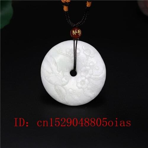 Natural White Green Chinese Jade Flower Bird Pendant Doughnut Necklace Charm Jewelry Double-sided Hollow Carved Amulet Gifts