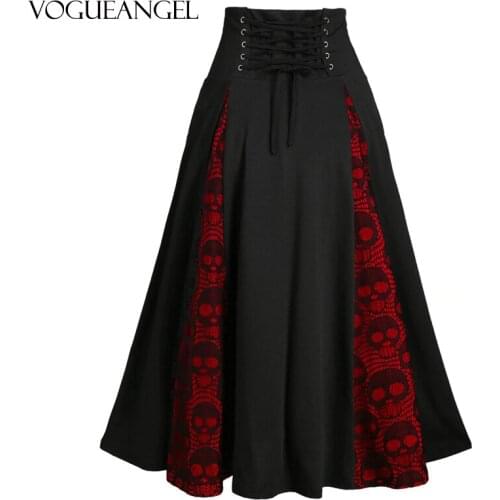2021 New Lace-up Skirts Womens Halloween Skull Print Lace Stitching Button Large Hem Skirt Button High Waist Bottom S-2XL