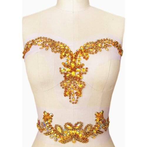 NEW Golden Yellow ab Sew On Rhinestone Crystal Sequin beaded Trim Applique Design Patch Sewing for Diy Wedding Dress Decoration