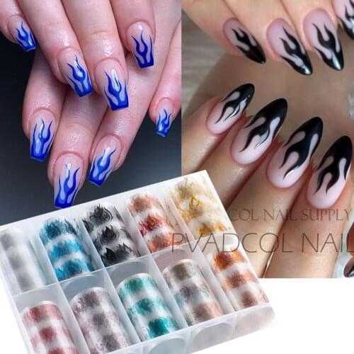 Fire Flame Foils Nail Transfer Sticker Holographic Laser Nails Stickers Deals Adhesive Slider Sticker Decal Decorations Set