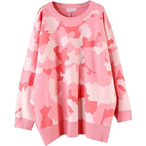 PERHAPS U Women Long Sweater Knitted Pullovers Long Sleeve Pink Camouflage Loose Winter M0049
