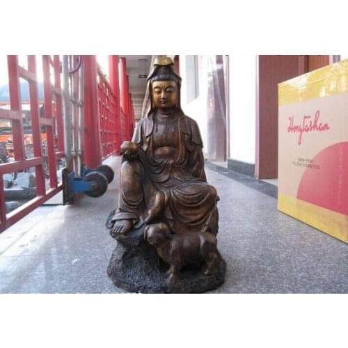 Song voge gem S0628 China Folk Fane classical Bronze Sit Kwan-Yin Bodhisattva With Lovely Pig Statue
