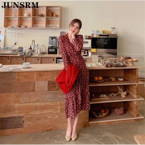 Long Sleeve V-Neck Lace Up A-Line Women Dress Vintage Floral Print Chic Female Chiffon Dress 2020 Summer New Midi Vestidos Femme