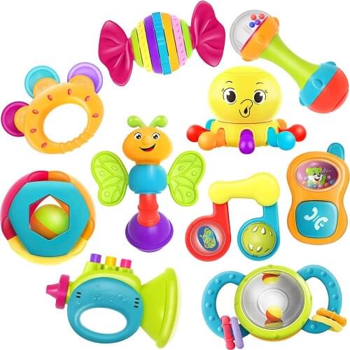 IPlay, iLearn 10pcs Baby Rattles Teether, Shaker, Grab and Spin Rattle, Musical Toy Set, Early Educational Toys for 3, 6, 9, 12